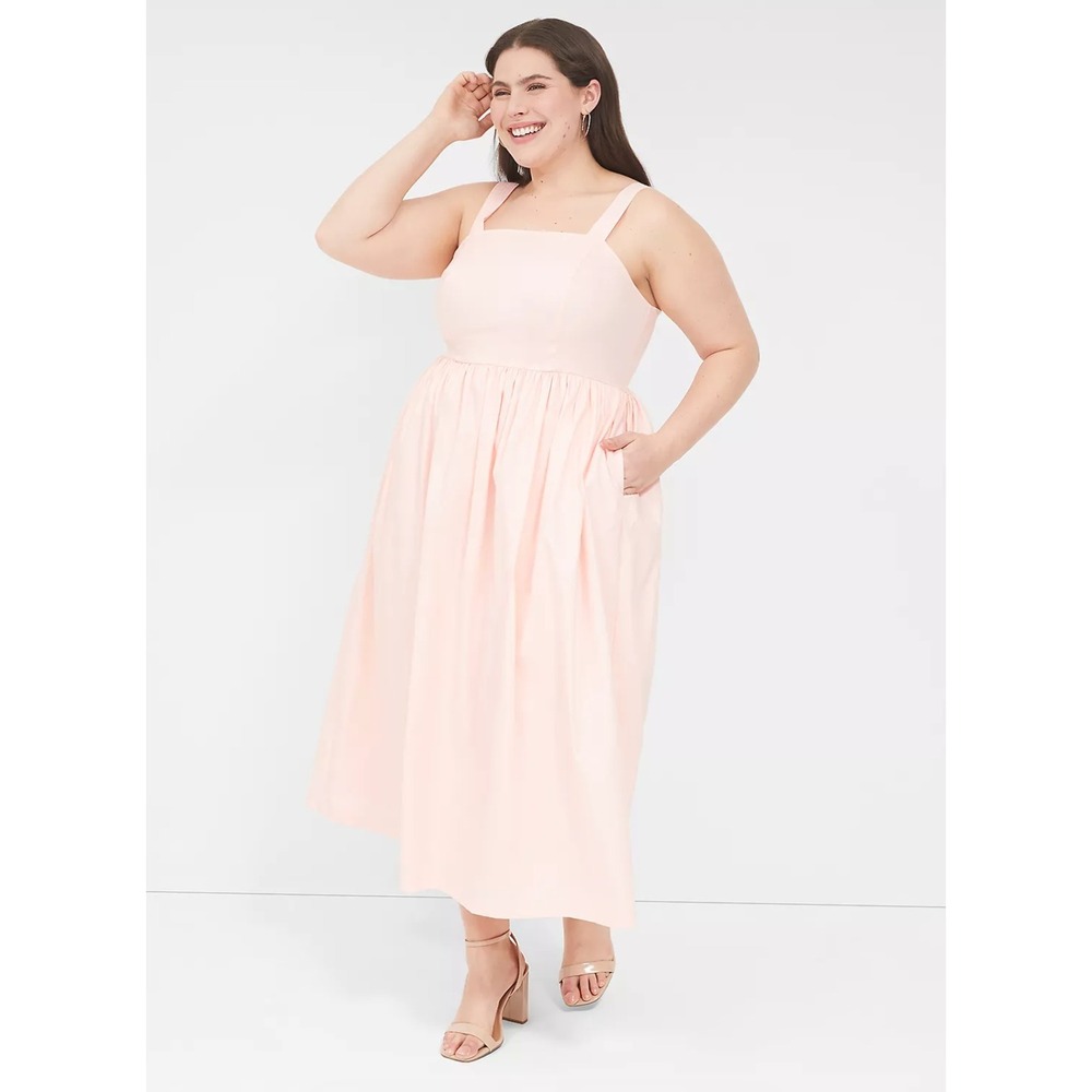 Lane Bryant Smocked Back Pleated Pink Midi Dress Cottagecore Romantic Size 20